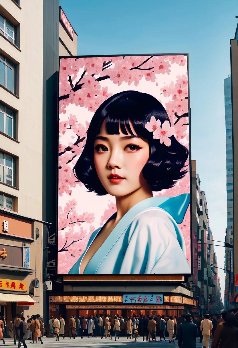 (best quality,4k,8k,highres,masterpiece:1.2),ultra-detailed,on the billboard in the city's cinema, a large poster of the movie with the name "SAKURA MAIDEN", in the background a crowd of people on the streets of a city, (art deco), 70's,