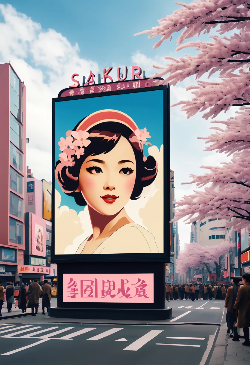 (best quality,4k,8k,highres,masterpiece:1.2),ultra-detailed,on the billboard in the city's cinema, a large poster of the movie with the name "SAKURA MAIDEN", in the background a crowd of people on the streets of a city, (art deco), 70's,