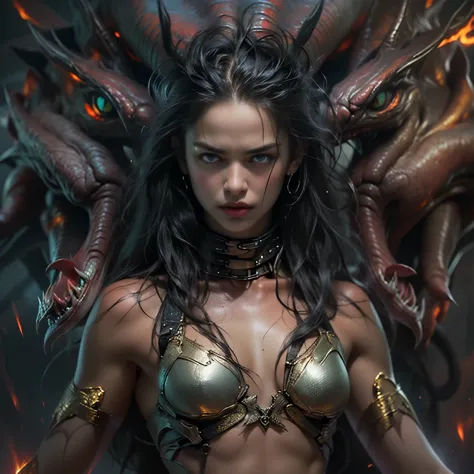 1 female alien, The predator, (extremely beautiful:1.2), (intense gaze:1.4), (predator:1.1), long dark claws, (NSFW:1), nipples,...