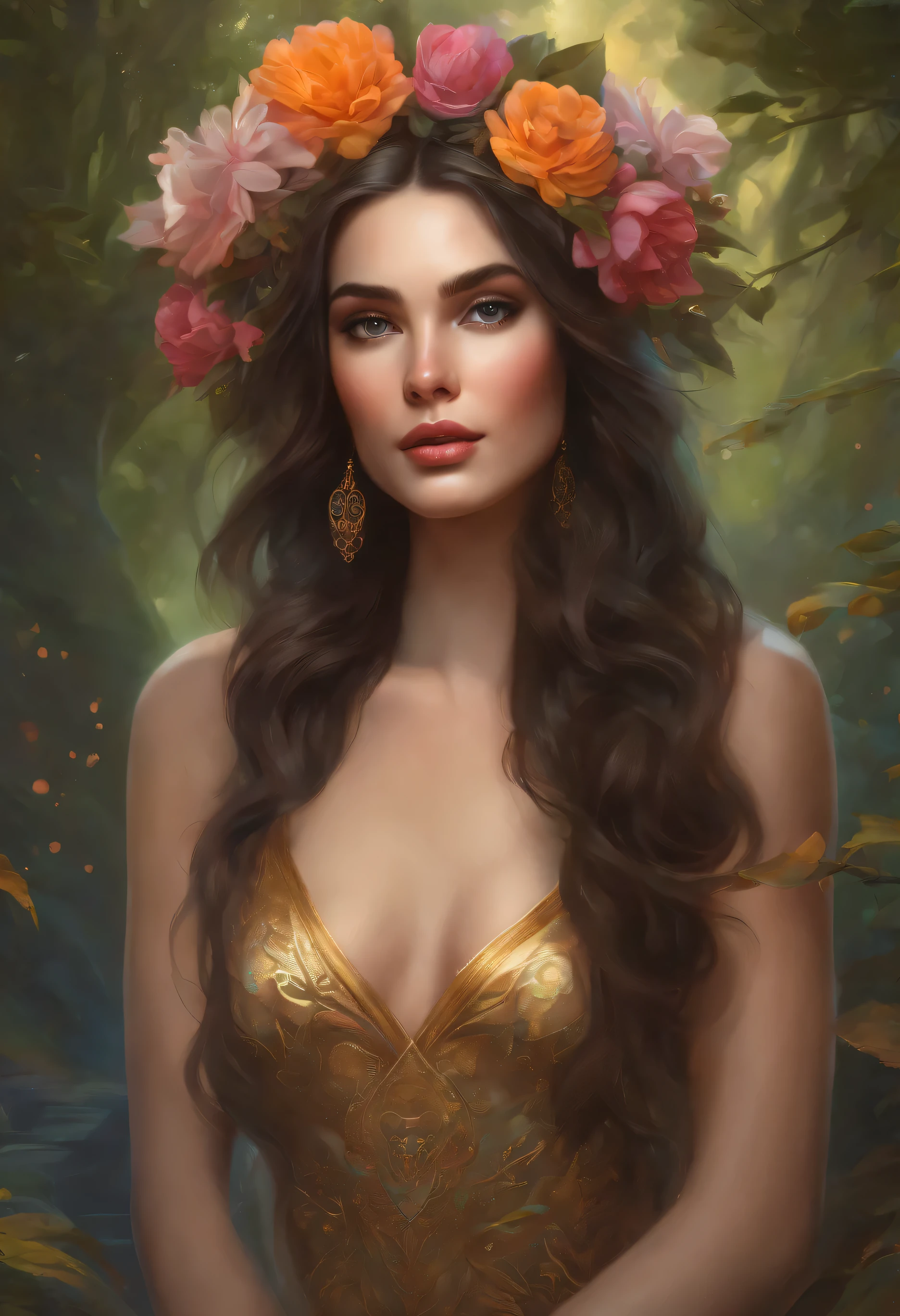 A painting of a woman with flowers in her hair - SeaArt AI