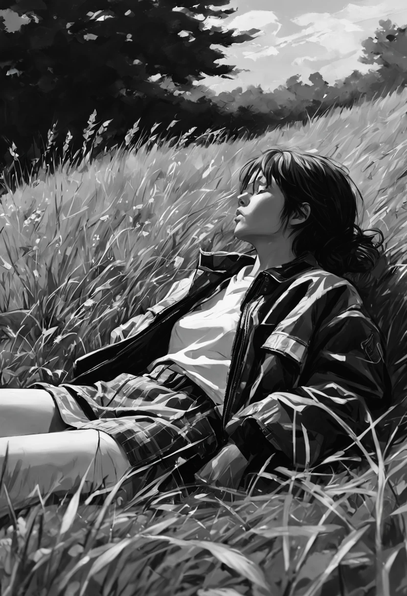 the girl lies in the grass covered with a jacket, side view, black and white image, acrylic painting, trending on pixiv fanbox, palette knife and brush strokes, style of makoto shinkai jamie wyeth james gilleard edward hopper greg rutkowski studio ghibli genshin impact