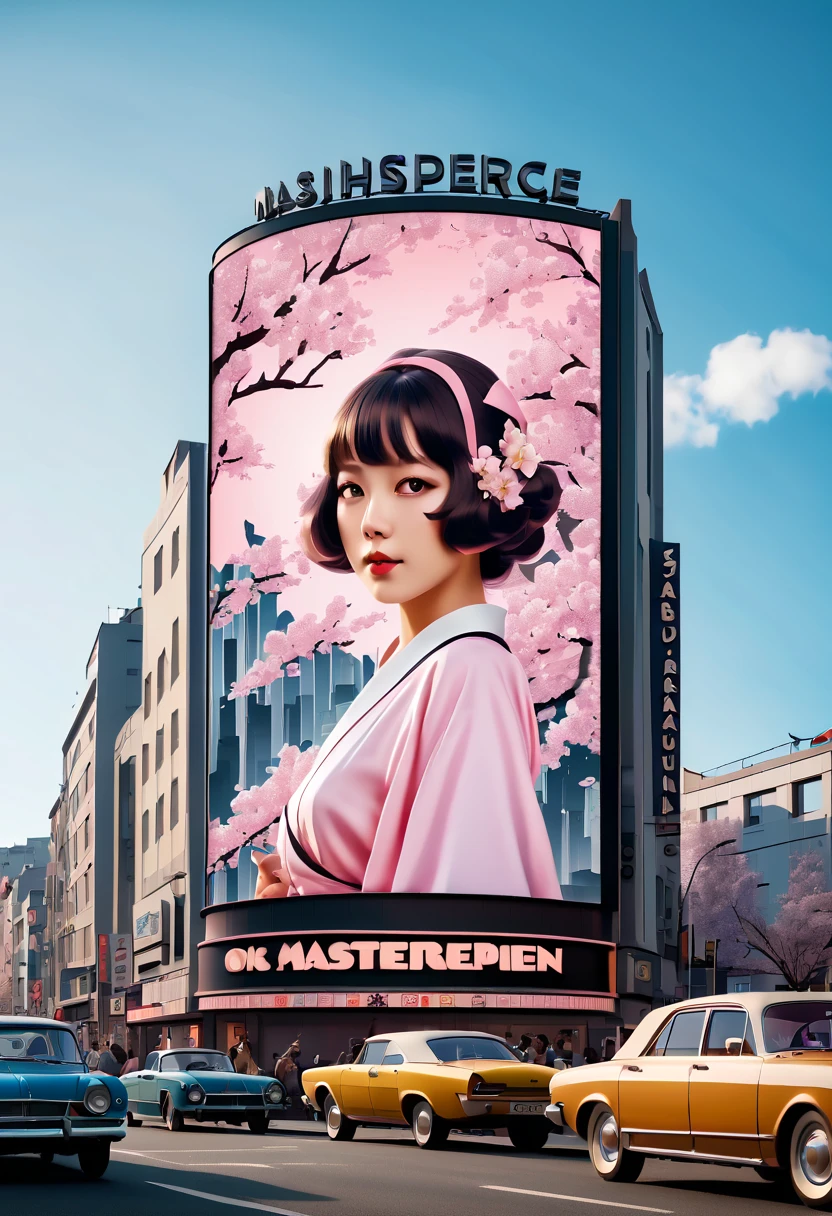 (best quality,4k,8k,highres,masterpiece:1.2),ultra-detailed,on the billboard in the city's cinema, a large poster of the movie with the name "SAKURA MAIDEN", in the background a crowd of people on the streets of a city, (art deco), 70's,