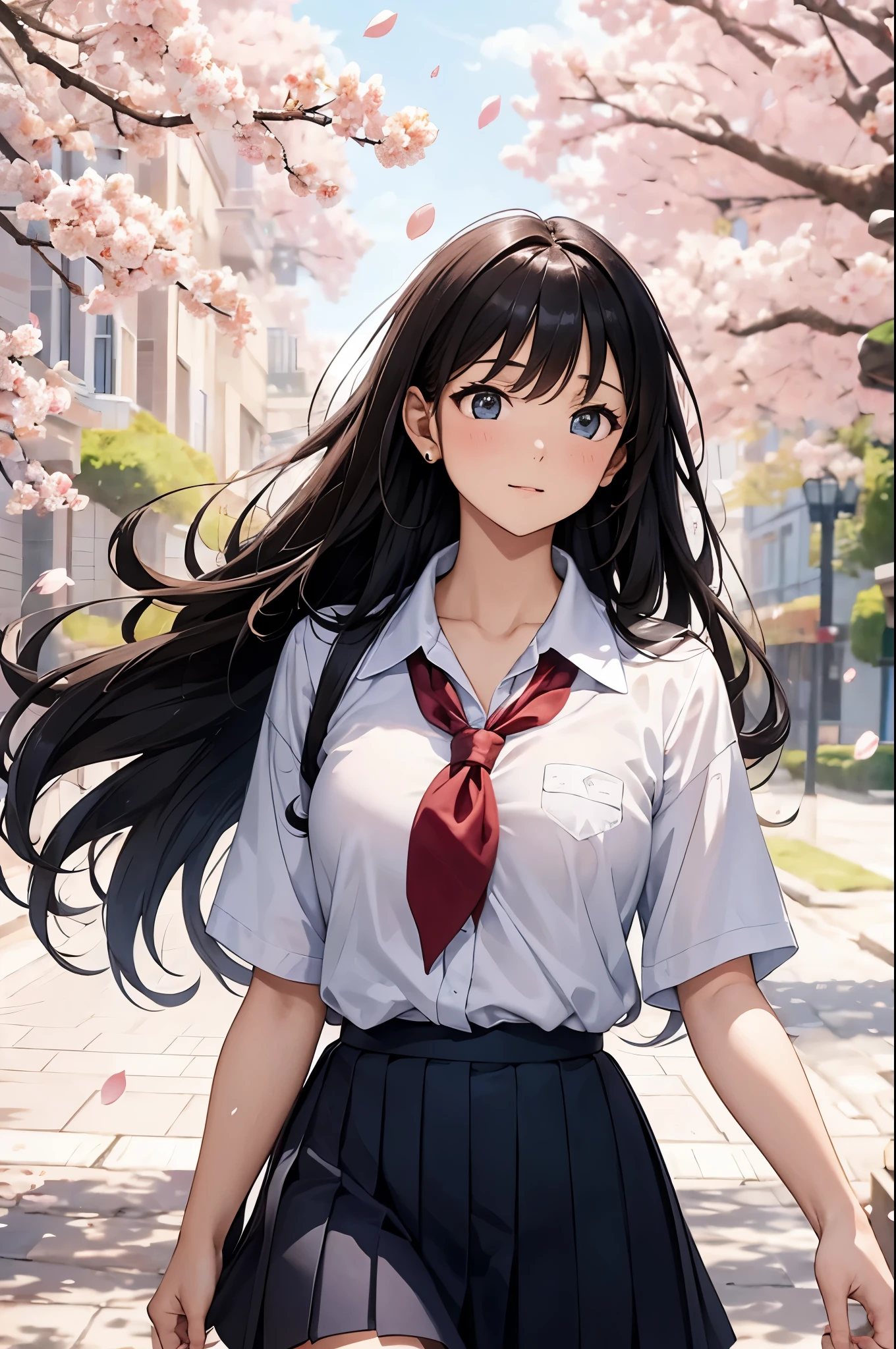 masterpiece, best quality, extremely detailed, 8k, a pretty girl, high school student, hair flowing in the wind, gracefully spreading cherry blossom trees, petals fluttering with each breeze:1.3, creating a fleeting floral snowstorm in the air:1.3, running hands through hair,  black hair, ultra detailed face, school uniform