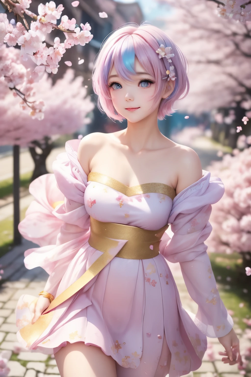 an innocent and beautiful girl like a cherry blossom, happy, shy, messy pixie cut, pastel colors, incredibly absurdres, extremely detailed, delicate texture, background iridescent pastel color, blooming profusely, cherry blossoms, cherry blossom petals, dancing petals, scattered gold dust, wind, motion-blur, action-lines, fantasy