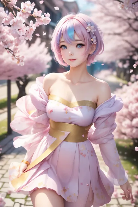 an innocent and beautiful girl like a cherry blossom, happy, shy, messy pixie cut, pastel colors, incredibly absurdres, extremel...