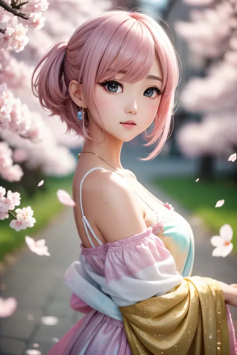 an innocent and beautiful girl like a cherry blossom, happy, shy, messy pixie cut, pastel colors, incredibly absurdres, extremel...