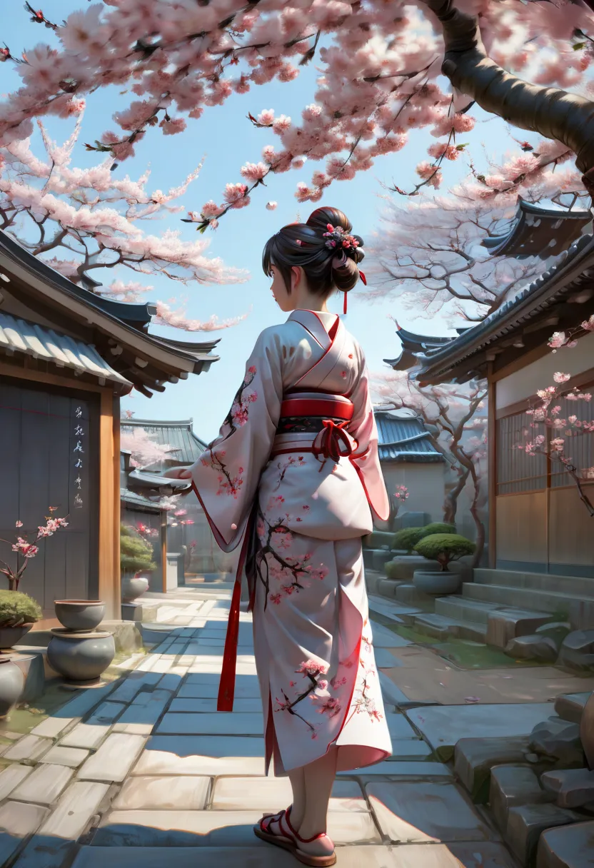 sakura girl, japanese style courtyard, cherry blossom tree, junoesque, (best quality, masterpiece, representative work, official...