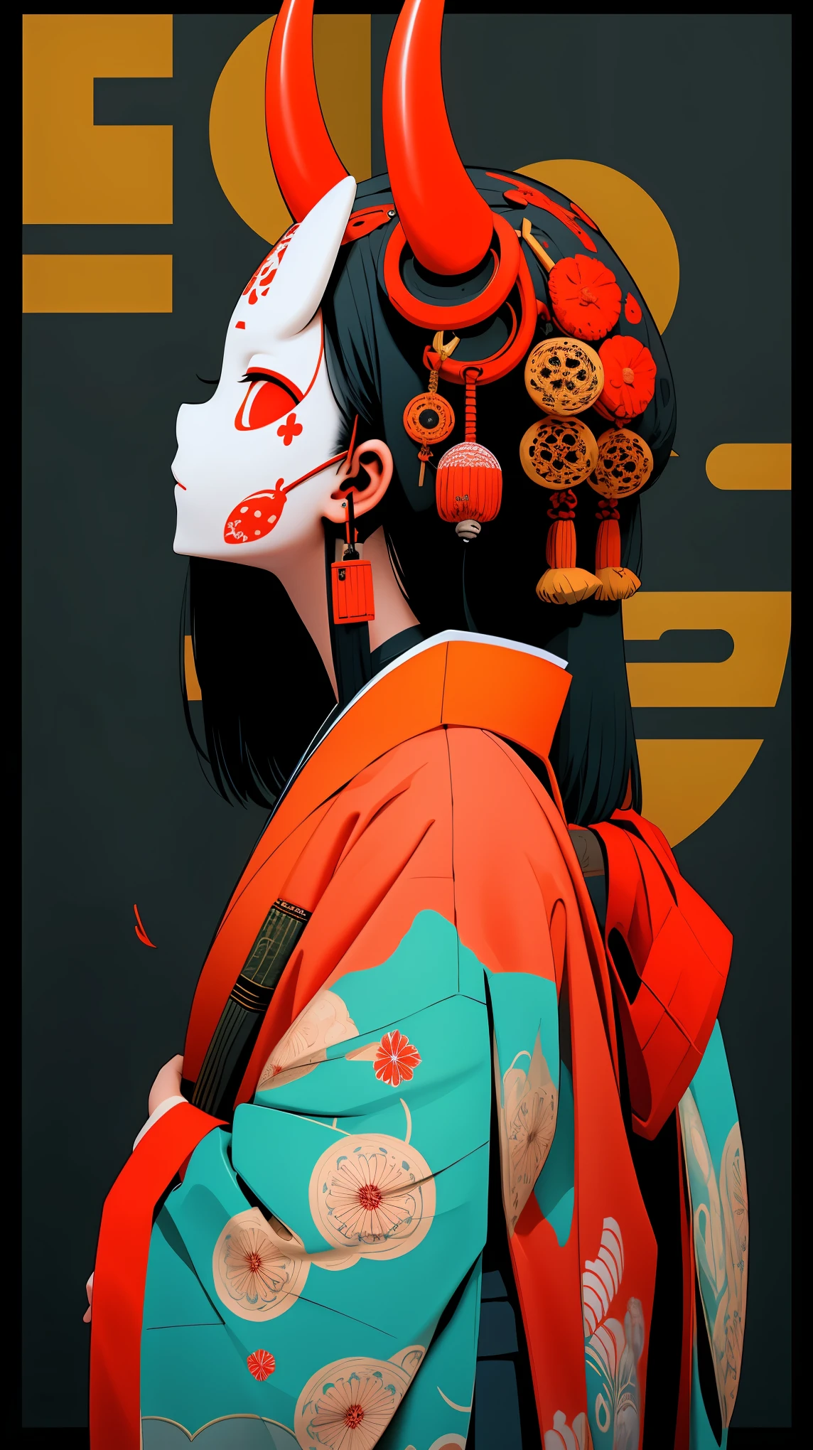 oniNFT, 1girl, solo, black hair, jewelry, earrings, mask, red eyes, japanese clothes, letterboxed, kimono, profile, mask on head, floral print, from side, horns, tassel, hair ornament  