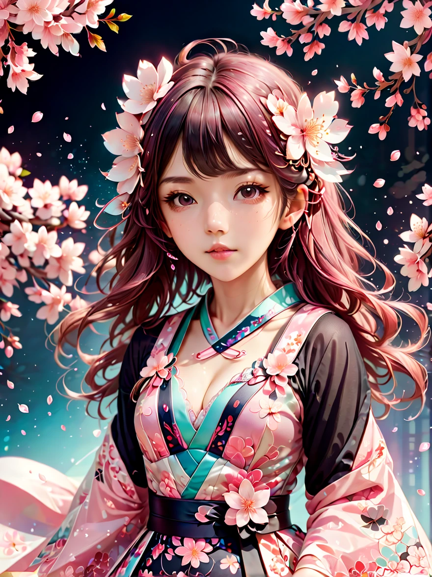 Sakura Maiden，Sakura petals fell gently around her。She has flowing cherry blossom hair，Quiet and sweet expression，(Wearing a dress with a cherry blossom pattern, black socks，Lolita costume，crystal shoes)，pastel color palette，The ethereal beauty of blooming cherry blossoms。Rich details，Intricate patterns that accentuate the kimono、The delicate texture of the petals and the subtle emotions conveyed by the expression of the Sakura girl，(cowboy shot, UHD, masterpiece, ccurate, anatomically correct, textured skin, super detail, high details, high quality, 8k)