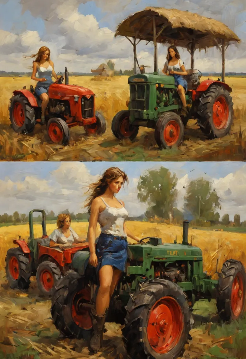 High Resolution, High Quality, Masterpiece "Tractor Girls" is a painting by the artist Arkady Plastov 