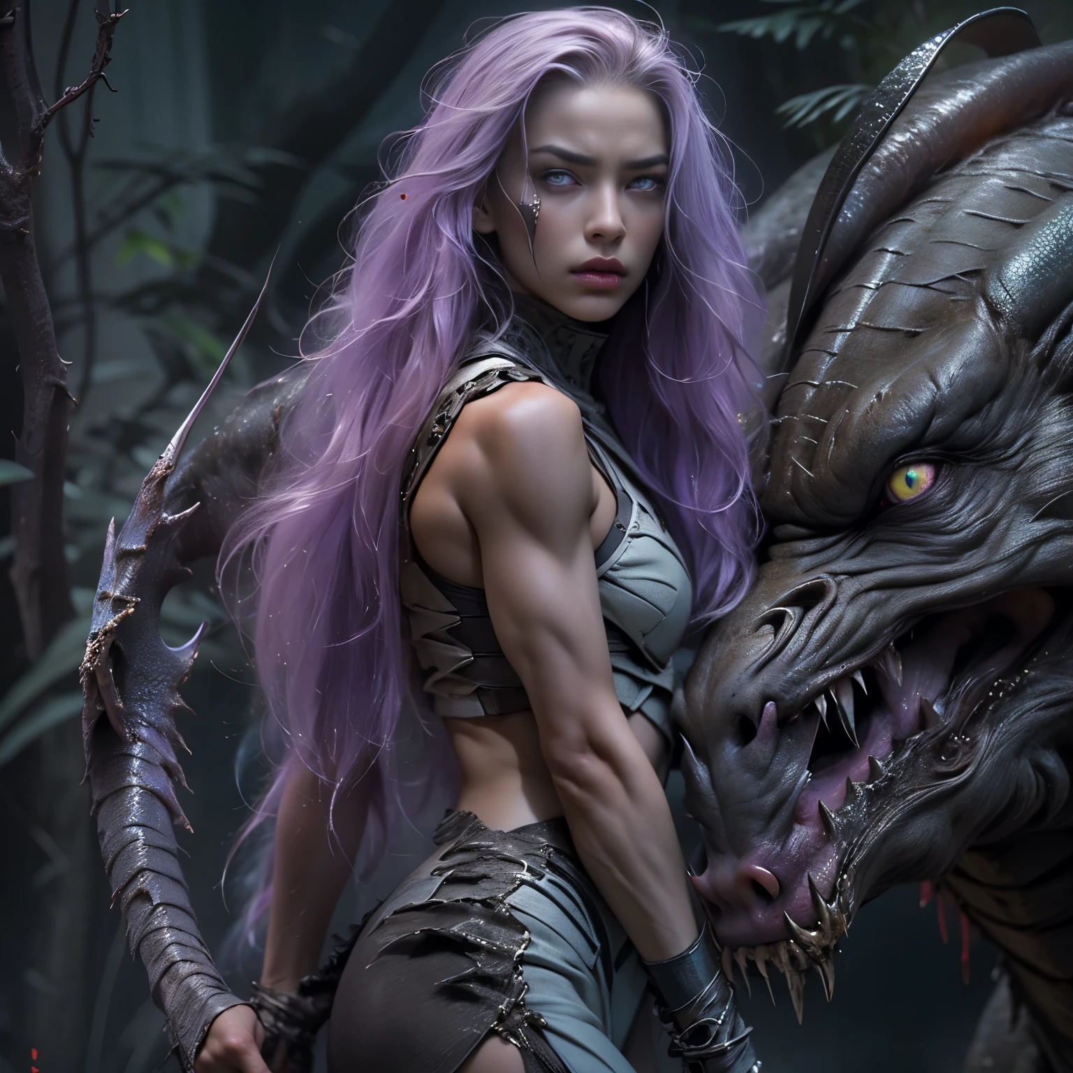 1 female alien, The predator, (extremely beautiful:1.2), (intense gaze:1.4), (predator:1.1), long dark claws, (NSFW:1), nipples, thick eyebrows, (She has shining purple eyes:1.2), the most beautiful face in the universe, platinum hair, symmetrical beautiful eyes, hyper detailed eyes,

A woman predator with an extremely beautiful face, her intense gaze fixed on her prey, a primal force that could not be denied.

(beautiful lean body:1.5), (muscular build:1.2), (prowling:1.3), (sleek movements:1.4)

Her beautiful body, muscular and toned, moved with sleek grace as she prowled, ready to strike at a moment's notice. The predator within her was always on,                                                                          
                                                                                                                                                               
 cinematic drawing of characters, ultra high quality model, cinematic quality, detail up, (Intricate details:1.2), High resolution, High Definition, drawing faithfully, Official art, Unity 8K wall , 8K Portrait, Best Quality, Very High resolution, ultra detailed artistic photography,