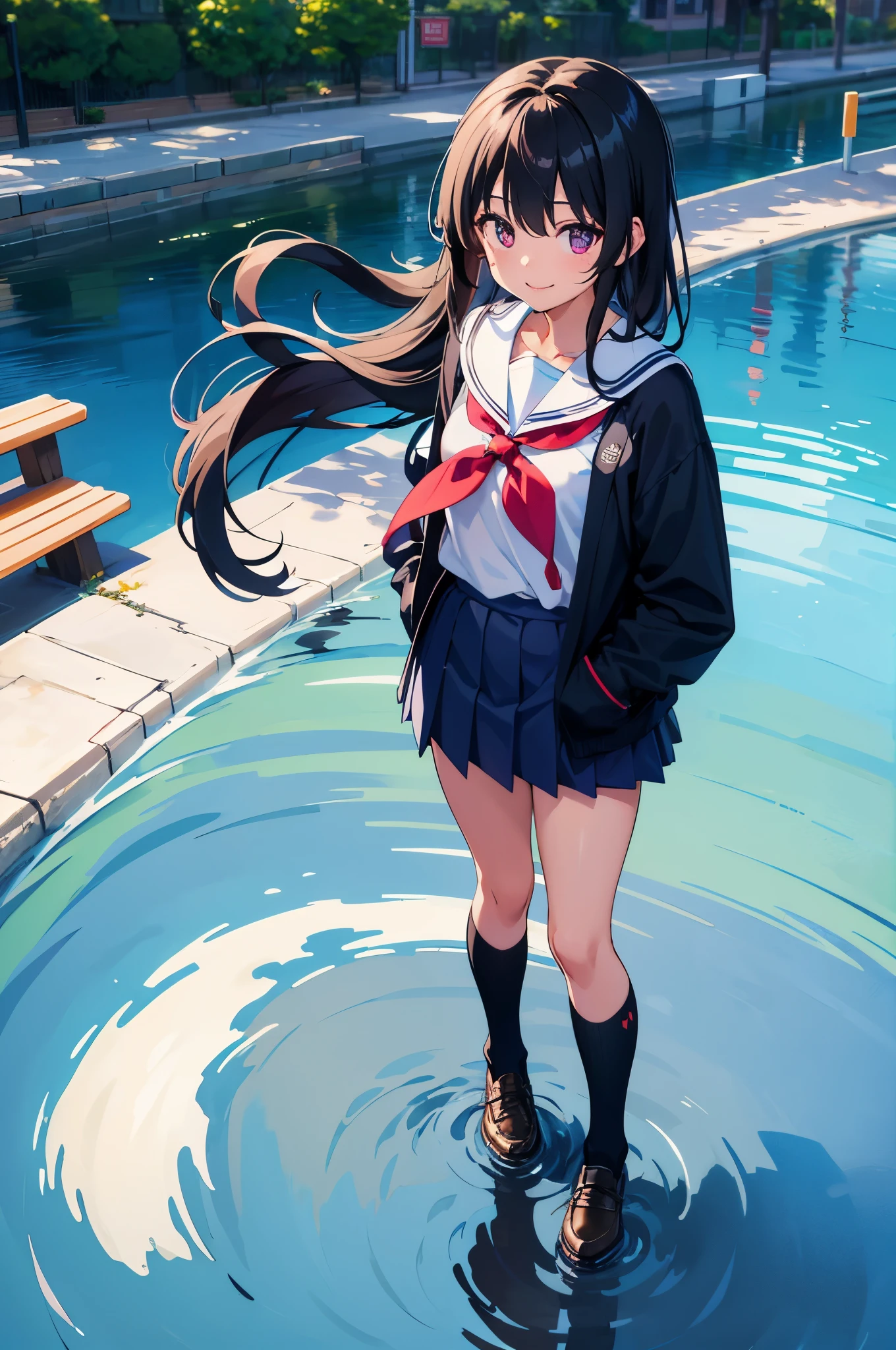 Park after rain　large puddles　elementary school girl　8-year-old　flat chest　black hair　long hair　eyes are purple　smile　（（1 person））　Cardigan on top of white long-sleeved sailor uniform　Lower body navy blue miniskirt　white panties　white socks　sports boots　standing in front of a puddle　A girl is reflected in a puddle（（white pantiesが見える））　from directly above　dynamic angle