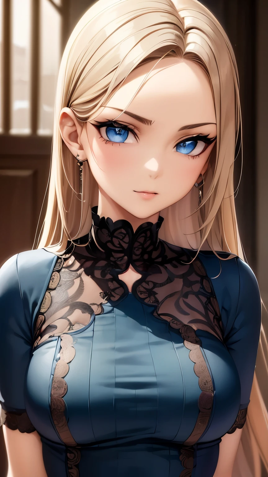 femme blonde aux cheveux longs et robe bleue posant pour une photo, style artistique d&#39;anime réaliste, rendu photoréaliste d&#39;une fille animée, art cg anime lisse, style de réalisme animé, style artistique réaliste, jeune fille anime réaliste, magnifique peinture numérique, style anime 3D réaliste, beau portrait animé, style artistique animé réaliste, portrait de personnage en gros plan, Anime 3D réaliste, anime style portrait