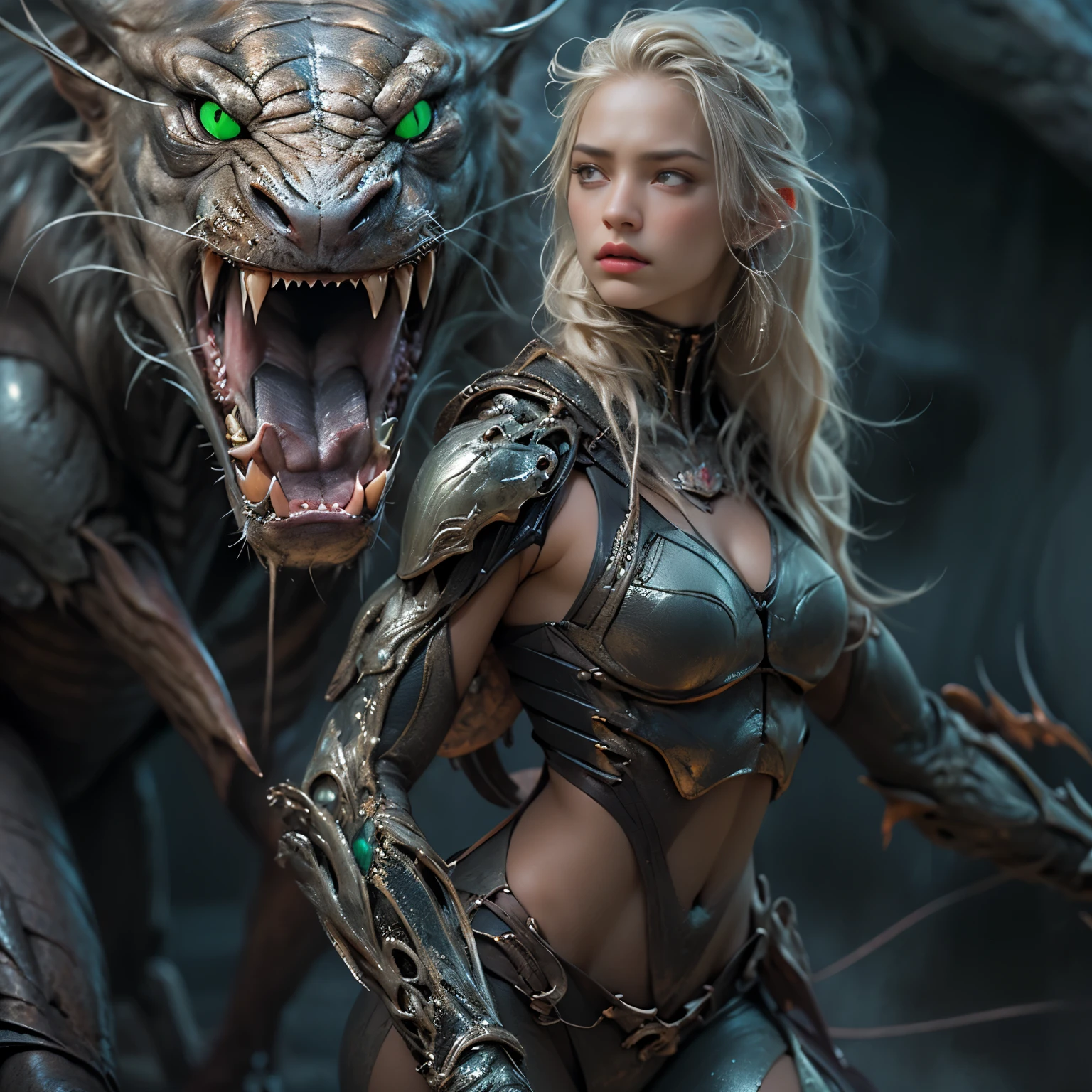 1 female alien, The predator, (extremely beautiful:1.2), (intense gaze:1.4), (predator:1.1), long dark claws, (NSFW:1), nipples, thick eyebrows, (She has shining emerald eyes:1.2), the most beautiful face in the universe, platinum hair, symmetrical beautiful eyes, hyper detailed eyes,

A woman predator with an extremely beautiful face, her intense gaze fixed on her prey, a primal force that could not be denied.

(beautiful lean body:1.5), (muscular build:1.2), (prowling:1.3), (sleek movements:1.4)

Her beautiful body, muscular and toned, moved with sleek grace as she prowled, ready to strike at a moment's notice. The predator within her was always on,                                                                          
                                                                                                                                                               
 cinematic drawing of characters, ultra high quality model, cinematic quality, detail up, (Intricate details:1.2), High resolution, High Definition, drawing faithfully, Official art, Unity 8K wall , 8K Portrait, Best Quality, Very High resolution, ultra detailed artistic photography,