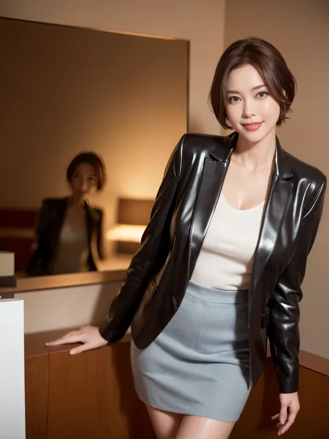 masterpiece,highest quality, (1 milf、44 years old), ((close:0.5)), ((Cross Arm)), glare, gray blazer, white shirt, double eyelid, eyelash, lip gloss, (smile:1), ((close your eyes:0.85)), ((looking at the viewer、The whole body is reflected、Are standing)), t...
