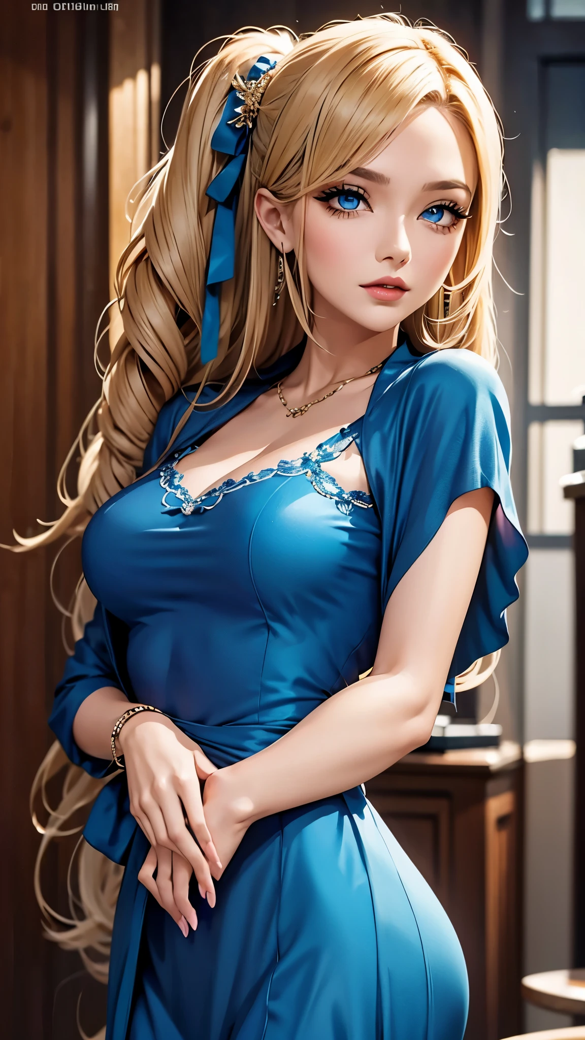 mulher loira com cabelos longos e vestido azul posando para uma foto, estilo de arte de anime realista, renderização fotorrealista de garota anime, arte cg de anime suave, estilo de realismo de anime, estilo de arte realista, jovem anime realista, linda pintura digital, estilo anime 3 d realista, lindo retrato de anime, estilo de arte anime realista, retrato de personagem em close, anime 3d realista, retrato estilo anime