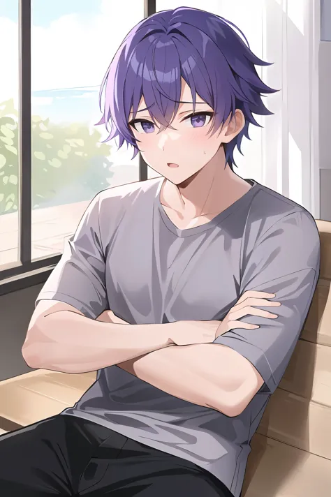 Adult boy, gray shirt, purple hair