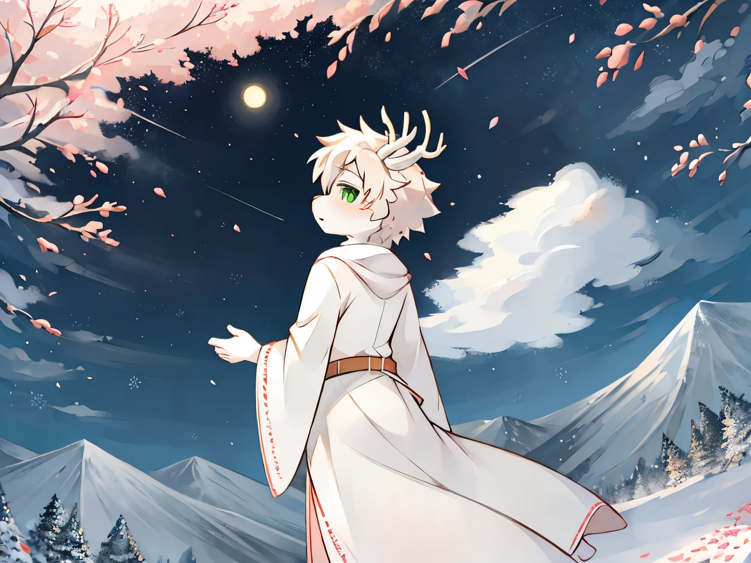 a white deer，Green pupils，antlers，Lovely shota，snowflake，falling snow，pink petals，starry sky，moon，mountains，peach tree，falling petals，White petals，white robe，gorgeous costumes，Turn your back to the audience，wind and snow