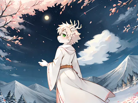 a white deer，green pupils，antlers，lovely shota，snowflake，falling snow，pink petals，starry sky，moon，mountains，peach tree，falling p...