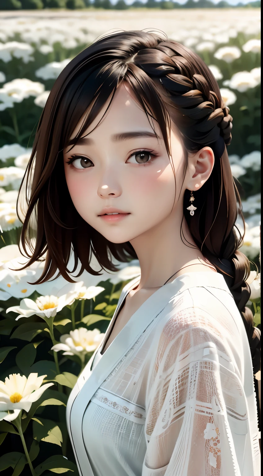 realistic, High resolution, soft light,1 female, １６age、、Japanese、alone, waist rises high, glowing skin, (detailed face),jewelry, brown hair,french braid、white_Dress Flower Field,(dynamic angle:1.1),Brilliant,Soft and warm color palette, delicate brushstrokes, Targeted use of light and shadow, wide shot,The deliciousness of wilted flowers,high contrast,color contrast,Masseter muscle part:1.3