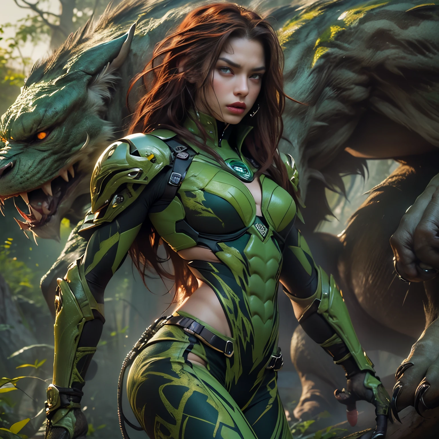 1 female alien, The predator, (extremely beautiful:1.2), (intense gaze:1.4), (predator:1.1), long dark claws, (NSFW:1), nipples, thick eyebrows, (She has shining emerald green eyes:1.2), the most beautiful face in the universe, red hair, symmetrical beautiful eyes, hyper detailed eyes,

A woman predator with an extremely beautiful face, her intense gaze fixed on her prey, a primal force that could not be denied.

(beautiful lean body:1.5), (muscular build:1.2), (prowling:1.3), (sleek movements:1.4)

Her beautiful body, muscular and toned, moved with sleek grace as she prowled, ready to strike at a moment's notice. The predator within her was always on,                                                                          
                                                                                                                                                               
 cinematic drawing of characters, ultra high quality model, cinematic quality, detail up, (Intricate details:1.2), High resolution, High Definition, drawing faithfully, Official art, Unity 8K wall , 8K Portrait, Best Quality, Very High resolution, ultra detailed artistic photography,