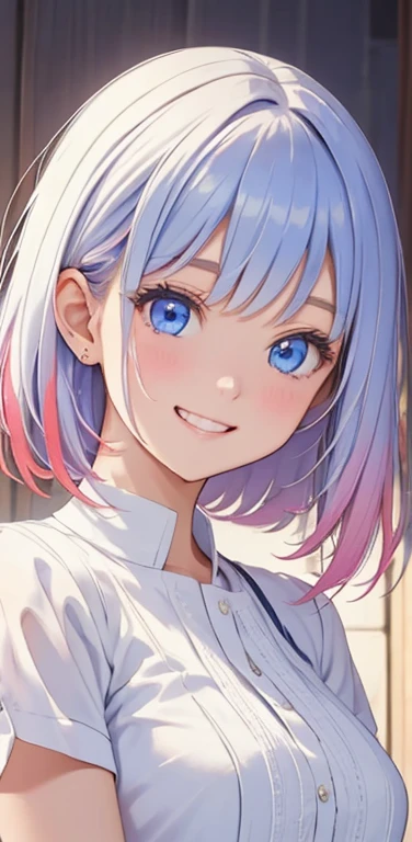 (8K、highest quality、masterpiece:1.2)、Super detailed、super resolution、Realistic、1girl、(two-color hair, white:1.5)、blue eyes、(eye focus:1.3,face focus:1.3,upper body:1.5),(gradient hair:1.5),(blouse:1.3)、(grin:1.3),cute face,small breasts,portrait,
