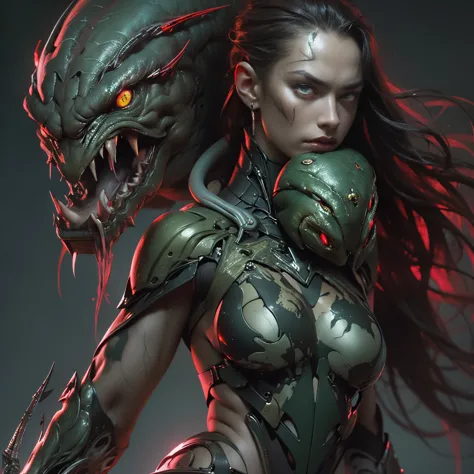 1 female alien, The predator, (extremely beautiful:1.2), (intense gaze:1.4), (predator:1.1), long dark claws, (NSFW:1), nipples,...