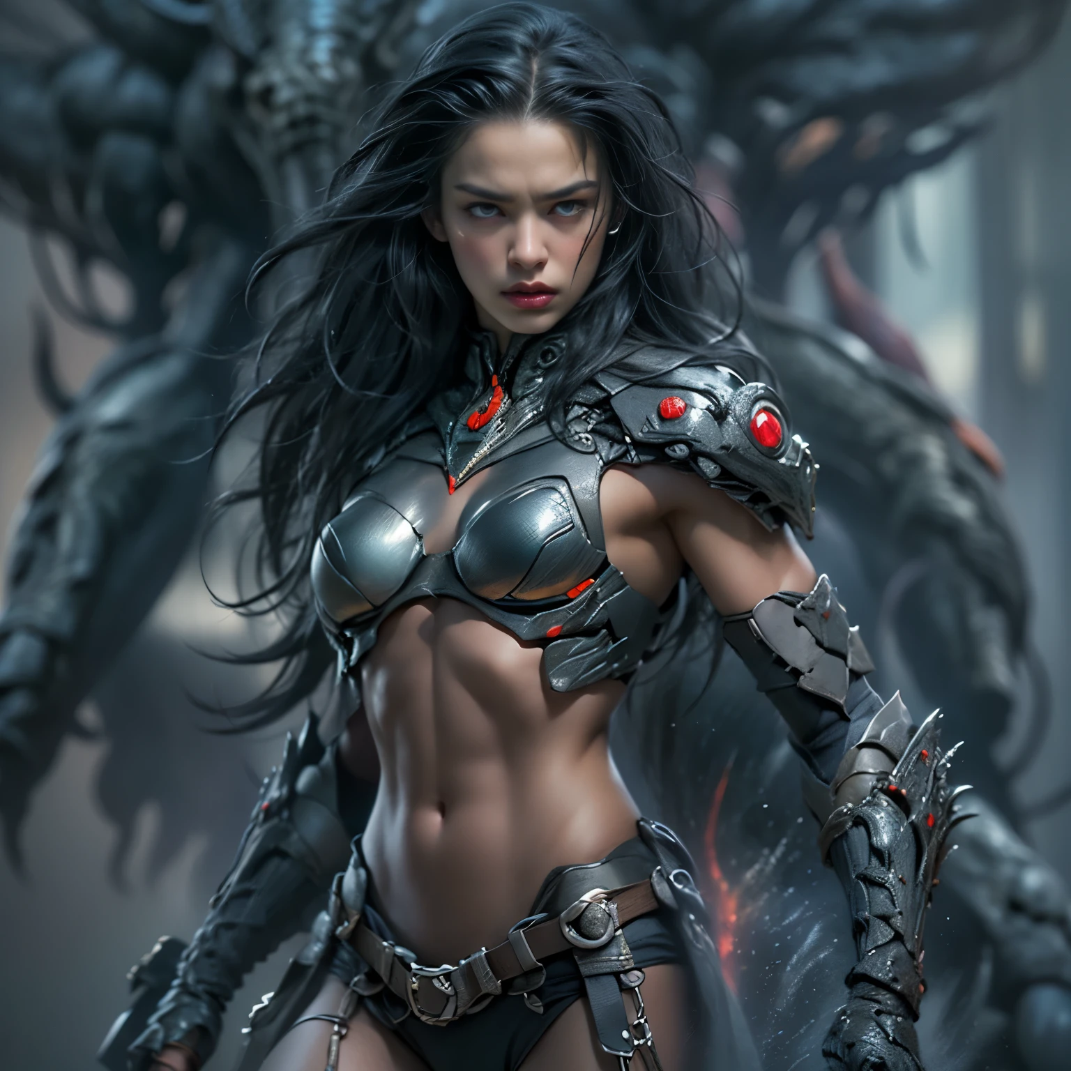 1 female alien, The predator, (extremely beautiful:1.2), (intense gaze:1.4), (predator:1.1), long dark claws, (NSFW:1), nipples, thick eyebrows, (She has shining sapphire blue eyes:1.2), the most beautiful face in the universe, jet black hair, symmetrical beautiful eyes, hyper detailed eyes,
A woman predator with an extremely beautiful face, her intense gaze fixed on her prey, a primal force that could not be denied.

(beautiful lean body:1.5), (muscular build:1.2), (prowling:1.3), (sleek movements:1.4)

Her beautiful body, muscular and toned, moved with sleek grace as she prowled, ready to strike at a moment's notice. The predator within her was always on,                                                                          
                                                                                                                                                               
 cinematic drawing of characters, ultra high quality model, cinematic quality, detail up, (Intricate details:1.2), High resolution, High Definition, drawing faithfully, Official art, Unity 8K wall , 8K Portrait, Best Quality, Very High resolution, ultra detailed artistic photography,