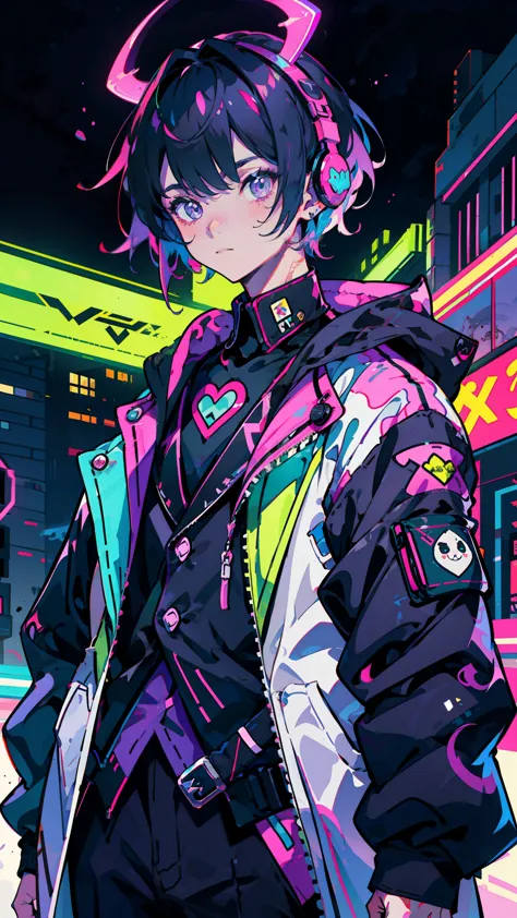 anime boy, aristocrat, internet celeb, neon purple and black colors, scars, stickers, neon style of wwhole, street fashion, cool...
