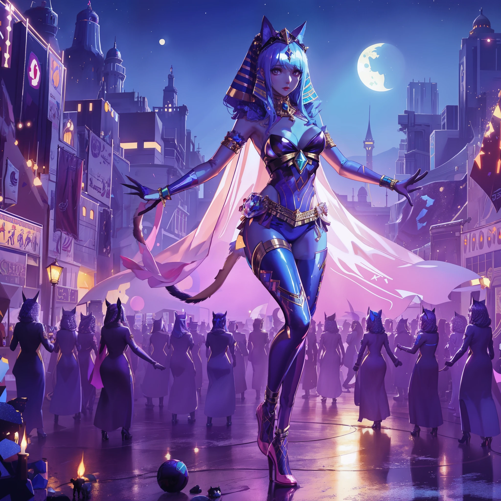 Woman wearing Egyptian headdress and cat costume, bet, cgsociety trends, Inspired by cgsociety, just a joke, Trend CG Society, league of legends nocturne, Stylized urban fantasy artwork, Samira from League of Legends, Trending on CGsociety, Doja Cat as Cat Woman, wonderful