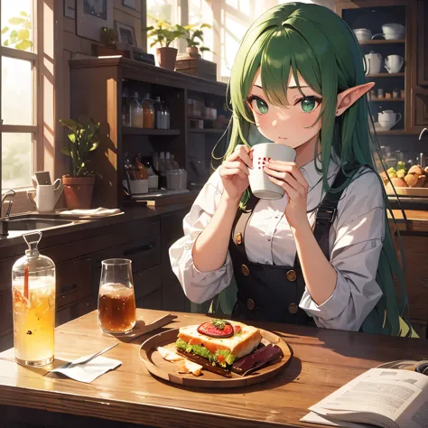 Can be used for advertising tea shops、Please create an image of a green-eyed elf drinking tea.