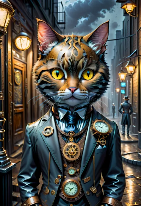 Robot-Cat-Butler with mechanical engineering profile, steampunk tie, detail soft shadow, ennui atmosphere mechanical face, mecha...