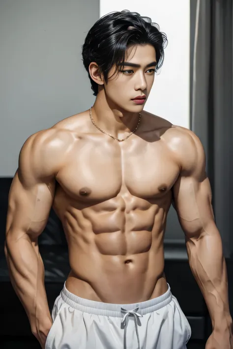 masterpiece, best quality, handsome Asian mixed 20 year old, fair skin male, shoulder length dark hair, perfect face, chest abs, masculine, 