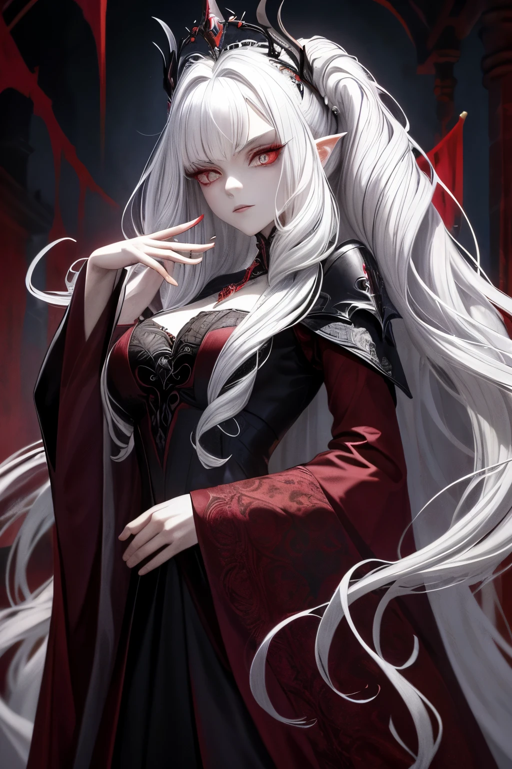 (masterpiece, best quality), 1 vampire queen, dark robe, intricate patterns, white hair, soft curls, red eyes, eerie power, regal look, elegance, vampiric fear, realistic, captivating, 

The vampire queen dons a regal, dark robe adorned with intricate patterns, representing her ancient lineage and sovereign status. Her long white hair cascades down her back in soft curls, framing her refined features. Her crimson eyes glow with an eerie power, emanating a sense of mystery and allure. Her regal appearance is a captivating juxtaposition of elegance and vampir