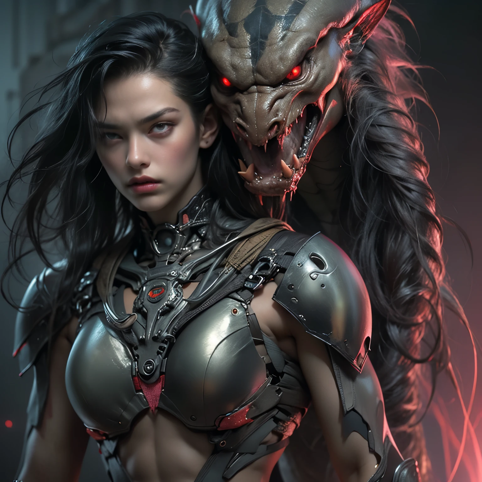 1 female alien, The predator, (extremely beautiful:1.2), (intense gaze:1.4), (predator:1.1), long dark claws, (NSFW:1), nipples, thick eyebrows, (She has shining pink eyes:1.2), the most beautiful face in the universe, jet black hair, symmetrical beautiful eyes, hyper detailed eyes,

A woman predator with an extremely beautiful face, her intense gaze fixed on her prey, a primal force that could not be denied.

(beautiful lean body:1.5), (muscular build:1.2), (prowling:1.3), (sleek movements:1.4)

Her beautiful body, muscular and toned, moved with sleek grace as she prowled, ready to strike at a moment's notice. The predator within her was always on,                                                                          
                                                                                                                                                               
 cinematic drawing of characters, ultra high quality model, cinematic quality, detail up, (Intricate details:1.2), High resolution, High Definition, drawing faithfully, Official art, Unity 8K wall , 8K Portrait, Best Quality, Very High resolution, ultra detailed artistic photography,
