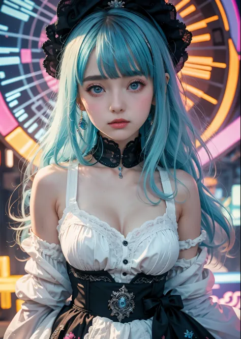 Psychedelic world、lolita fashion、Cute 1 girl、18 year old girl、light blue hair、colorful gel background、fractal background、perfect...