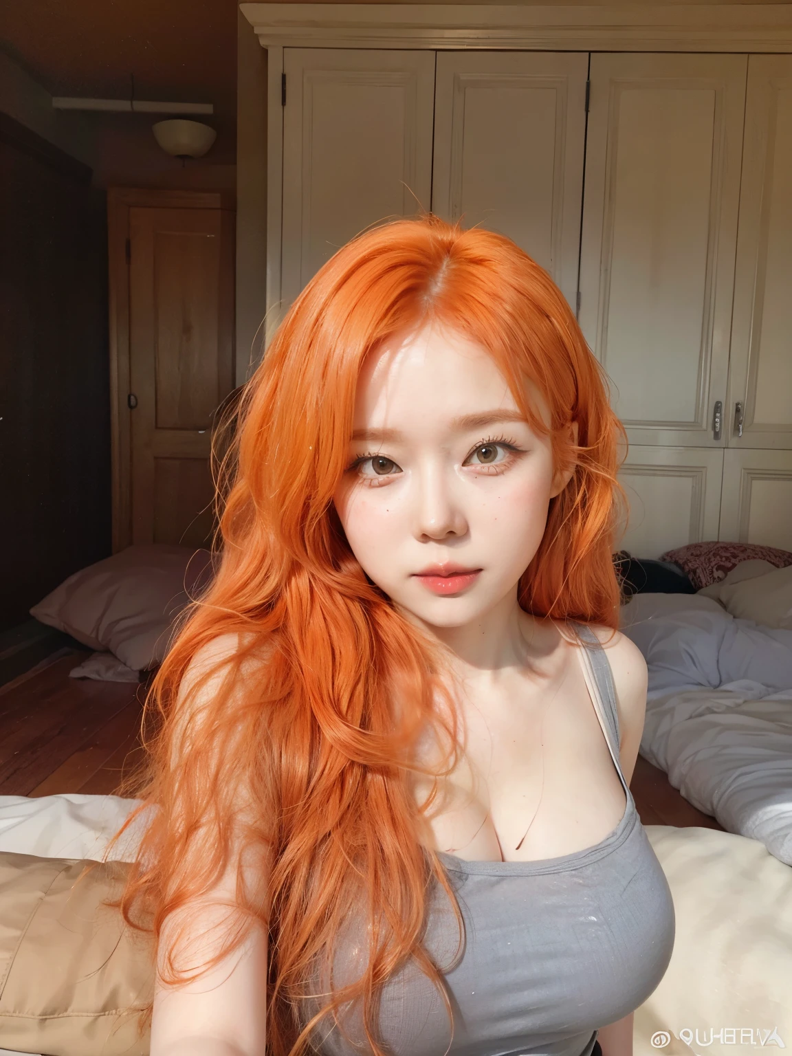 there is a woman with orange hair posing for a picture, she has long redorange hair, orange skin and long fiery hair, orange hair, long orange hair, orange glowing hair, long wavy orange hair, bright orange hair, very long orange hair, with long red hair, with curly red hair, she has long orange brown hair, with red hair, infrared hair