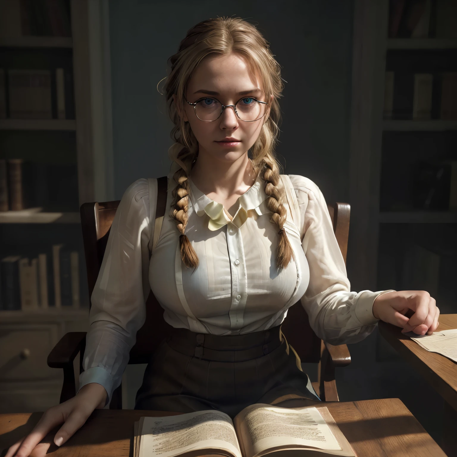Solo, 1girl, masterpiece, best quality, extremly detailed, Cinematic lighting, intricate detail, highres, official art, finely detailed beautiful face and eyes, high resolution illustration, 8k, dark intense shadows, overexposure, [blonde hair/brown hair], single braid, blue eyes, glasses, smug, sitting on chair, upper body, large breasts, white shirts, yellow suspenders, book_stack, library, ((vine)), rose, looking at the viewer