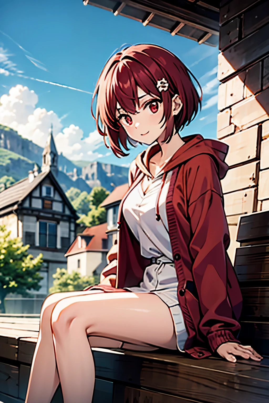 cute,cute,
1 girl, alone,
cranberry hair, pixie cut, bangs, hair ornaments,
red eyes,
point finger,
Close a view, from a pigeon,
Severe,
Oversized cardigan with patch pockets and hood,
big breasts,
BREAK simple background，underwear