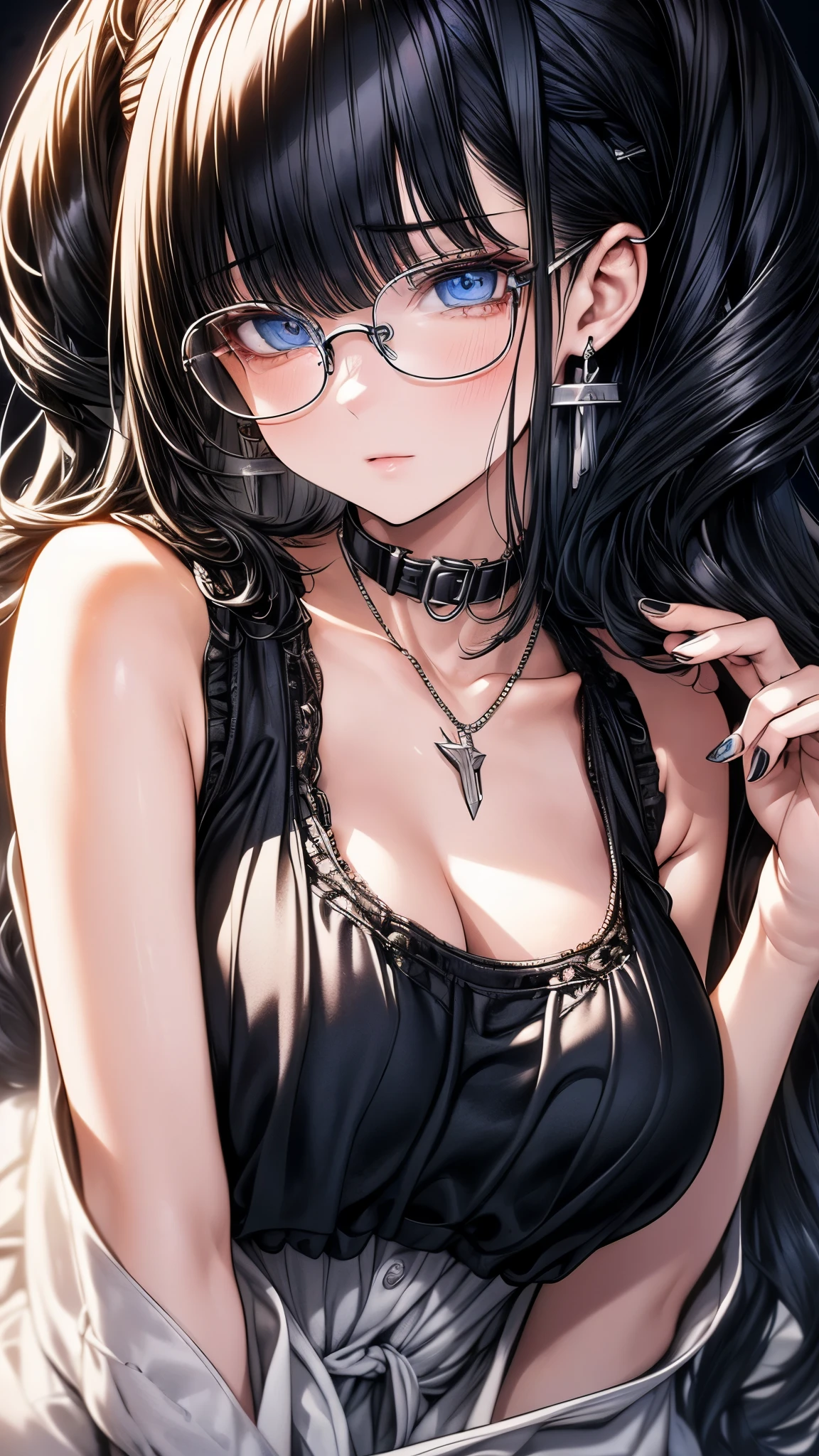 1 female,black hair, ,((impatient look)),beautiful breasts,thin white tank top,good style,,(facing the front)(((cheeks turn red、surprised expression)),(),((( upper body portrait)))frameless glasses,blue eyes,(((The bangs are even)))((See-through))sexy bra(wet state)