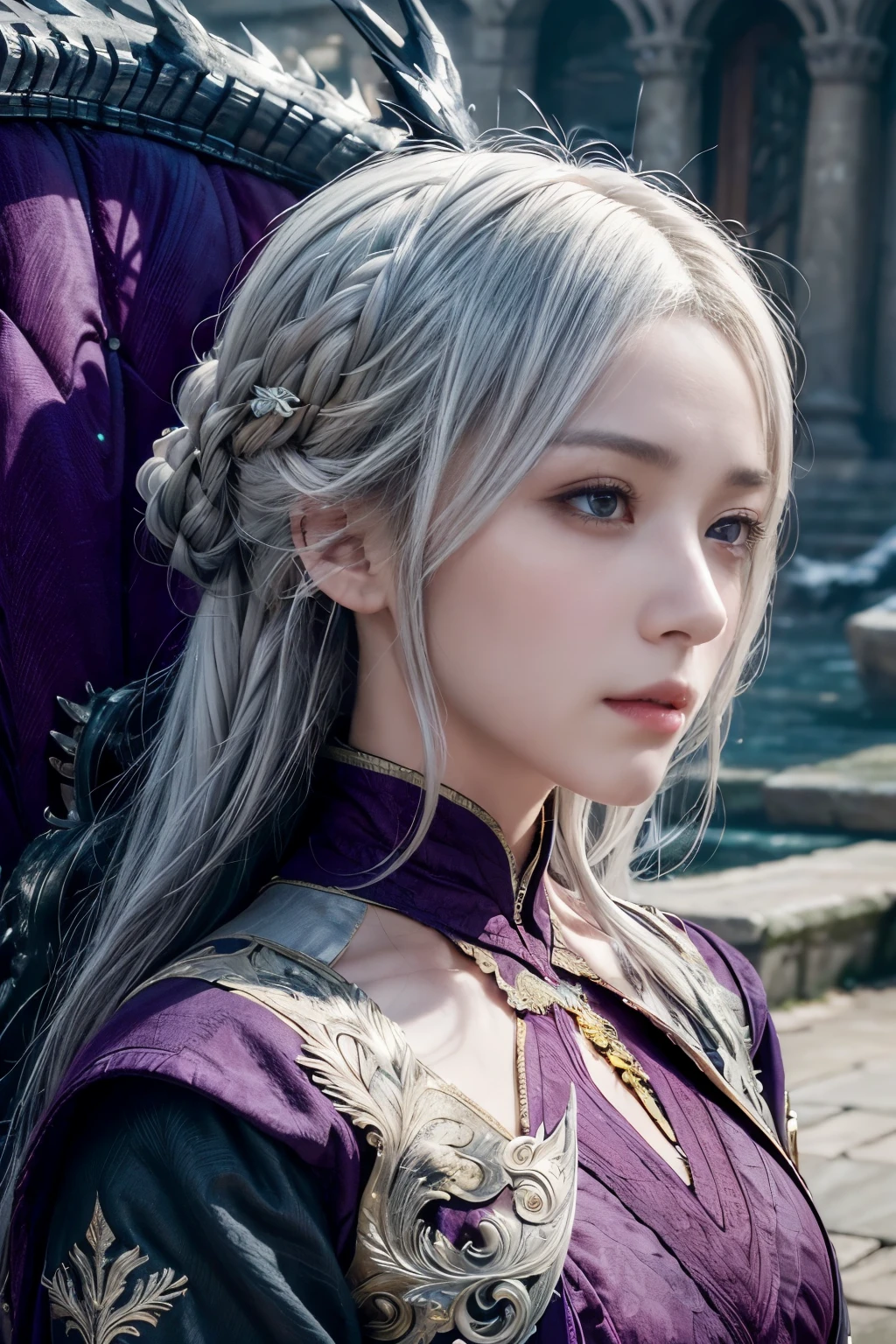 (close up:1.3), official art, masterpiece, best quality, unity 8k wallpaper, ultra detailed, extremely detailed, elegant, beautiful, aesthetic, romanticism, 1girl,  Dragon Mother, flowing silver hair cascading down her back, piercing violet eyes lined with determination and compassion, and three majestic dragons, perched beside her in allegiance. The vivid colors and lifelike textures bring this regal figure and her magnificent creatures to vivid life, drawing viewers into the fantastical world of Westeros