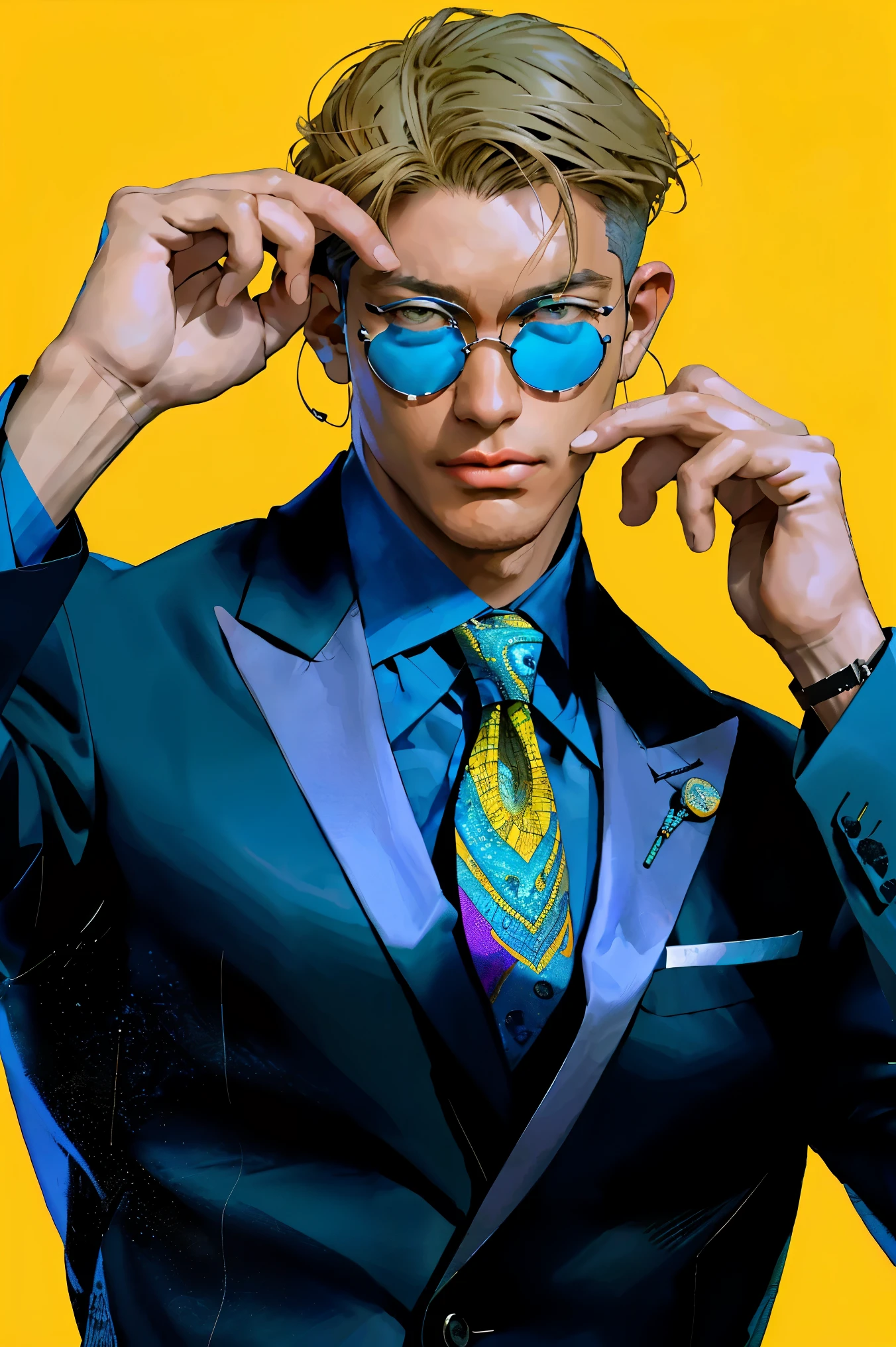 realist，（masterpiece，arriba Quority，Best Quality，official art，Beauty：1.2），He is very detailed，s fractal art，Color，more detailed，zentangle，（Abstract backgrounds：1.5）（1：1.3）,nanami，light blonde hair，Short detailed hair，（blue sunglasses ,tall and strong,blue shirt and yellow tie with black spots，Abistic，(posing holding glasses)，handsome man