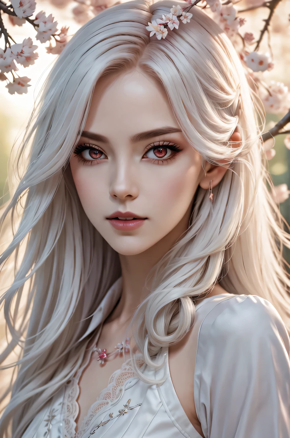 (best quality,4k,8k,high resolution,masterpiece:1.2),Super detailed,(actual,photoactual,photo-actual:1.37),Beautiful and delicate eyes,Beautiful and delicate lips,extremely detailed face,long eyelashes,1 girl,porcelain skin,red face,pink makeup,ruffled fancy dress,Delicate lace details,Long flowing hair,Plush hair accessories,Holding delicate cherry blossom branches,Floating cherry blossom petals,Soft pink and white color scheme,ethereal lights,Lush、Vibrant garden backdrop,Soft sunlight filtering through the trees,Cherry blossom trees are in full bloom,peaceful atmosphere,Faint cherry blossom fragrance,Fantastic romantic atmosphere.