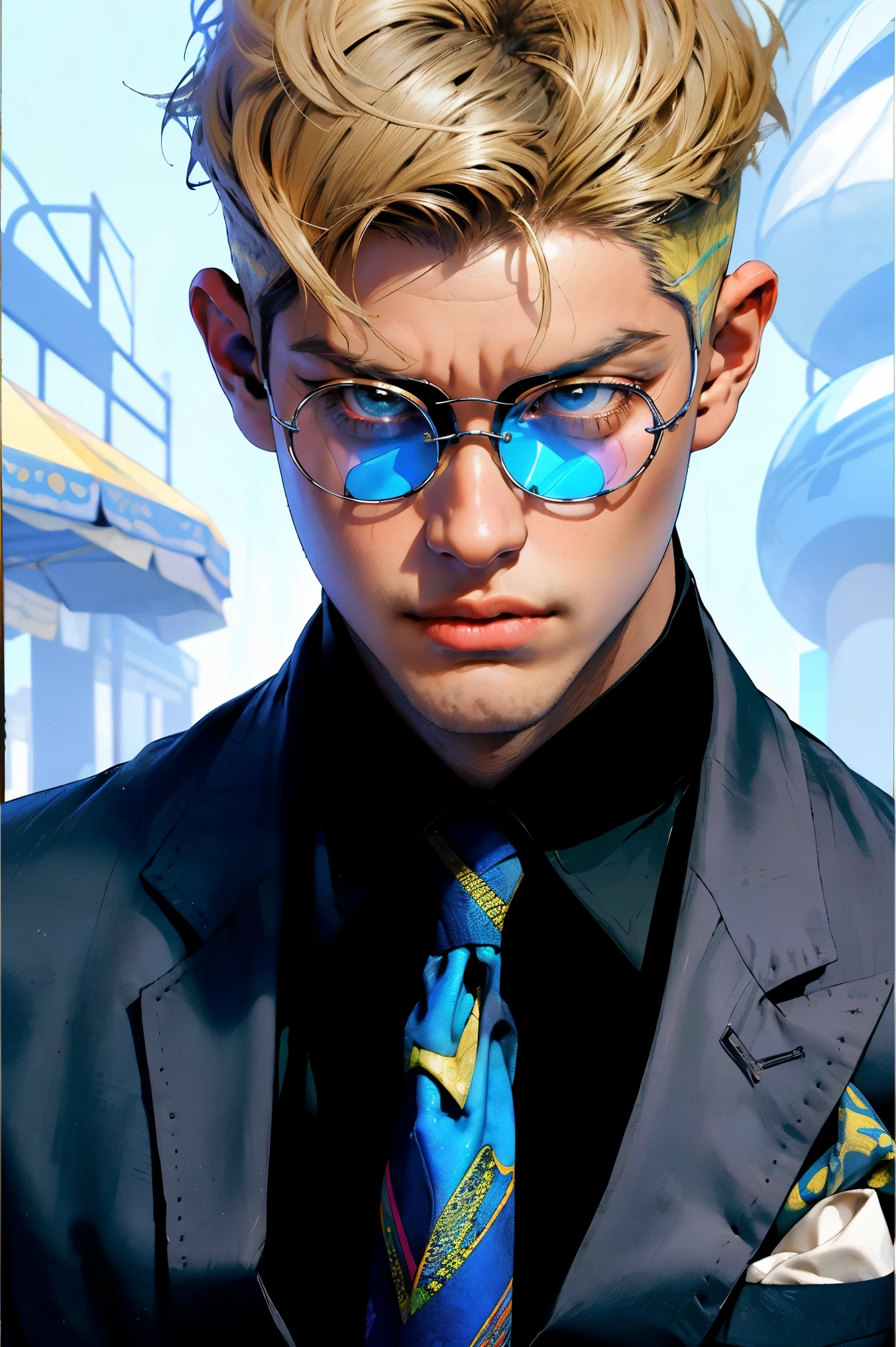 realist，（masterpiece，arriba Quority，Best Quality，official art，Beauty：1.2），He is very detailed，s fractal art，Color，more detailed，zentangle，（Abstract backgrounds：1.5）（1：1.3）,nanami，light blonde hair，Short detailed hair，（blue sunglasses ,tall and strong,blue shirt and yellow tie with black spots，Abistic，(posing holding glasses)，handsome man