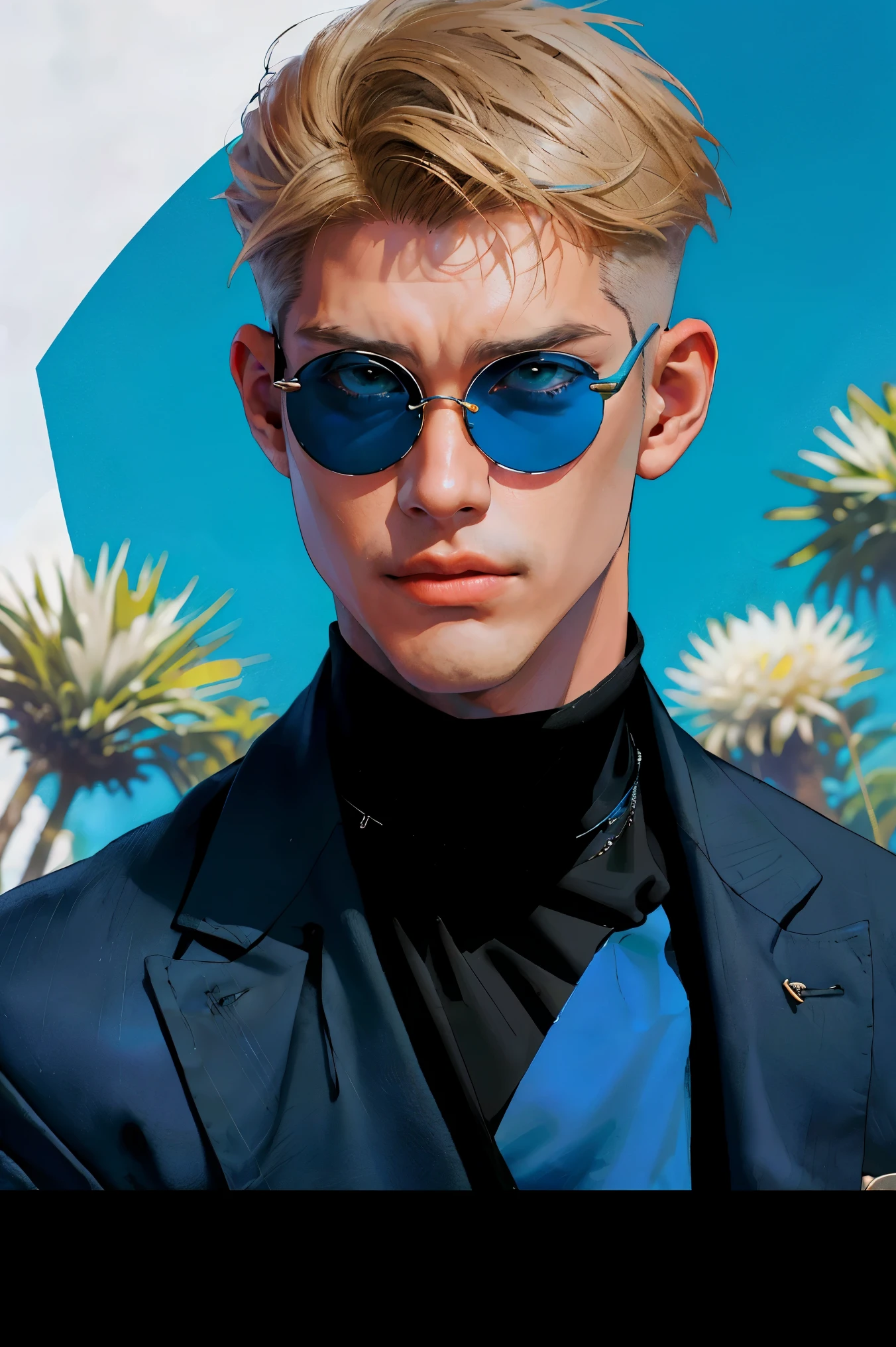 realist，（masterpiece，arriba Quority，Best Quality，official art，Beauty：1.2），He is very detailed，s fractal art，Color，more detailed，zentangle，（Abstract backgrounds：1.5）（1：1.3）,nanami，light blonde hair，Short detailed hair，（blue sunglasses ,tall and strong,blue shirt and yellow tie with black spots，Abistic，(posing holding glasses)，handsome man