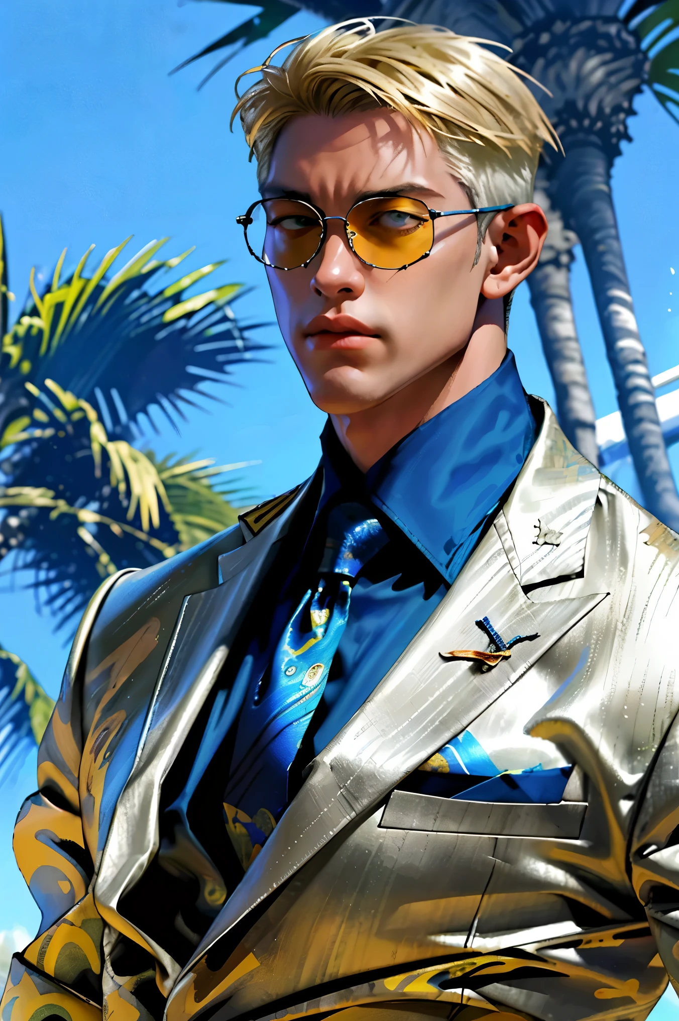 realist，（masterpiece，arriba Quority，Best Quality，official art，Beauty：1.2），He is very detailed，s fractal art，Color，more detailed，zentangle，（Abstract backgrounds：1.5）（1：1.3）,nanami，light blonde hair，Short detailed hair，（blue sunglasses ,tall and strong,blue shirt and yellow tie with black spots，Abistic，(posing holding glasses)，handsome man