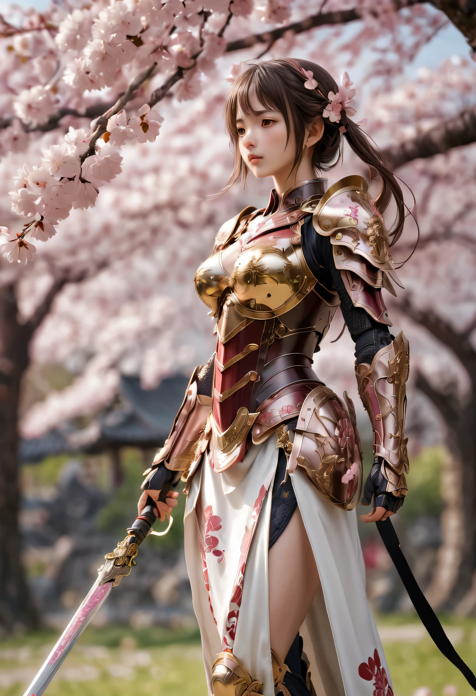 alone, 1 girl, Keep, arms, female focus, trumpet, sword, cape, armor, warrior刀, helmet, Handguard, sheath, japanese armor, full armor, warrior，Cherry blossoms all over the ground，Sakura petals flying background（（（masterpiece）））， （（best quality））， （（intricate details））（8k）