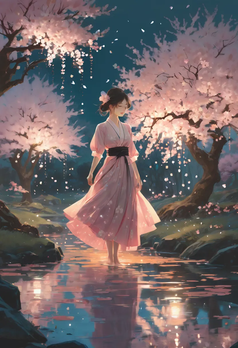 1girl, The Sakura Maiden, aesthetic, Incredible, detailed fluid gouache illustration of an enchanting, glowing sakura garden at ...