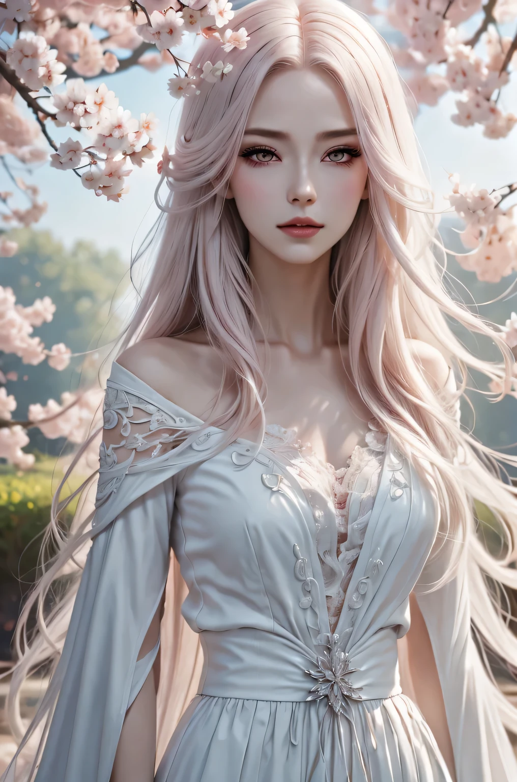 (best quality,4k,8k,high resolution,masterpiece:1.2),Super detailed,(actual,photoactual,photo-actual:1.37),Beautiful and delicate eyes,Beautiful and delicate lips,extremely detailed face,long eyelashes,1 girl,porcelain skin,red face,pink makeup,ruffled fancy dress,Delicate lace details,Long flowing hair,Plush hair accessories,Holding delicate cherry blossom branches,Floating cherry blossom petals,Soft pink and white color scheme,ethereal lights,Lush、Vibrant garden backdrop,Soft sunlight filtering through the trees,Cherry blossom trees are in full bloom,peaceful atmosphere,Faint cherry blossom fragrance,Fantastic romantic atmosphere.