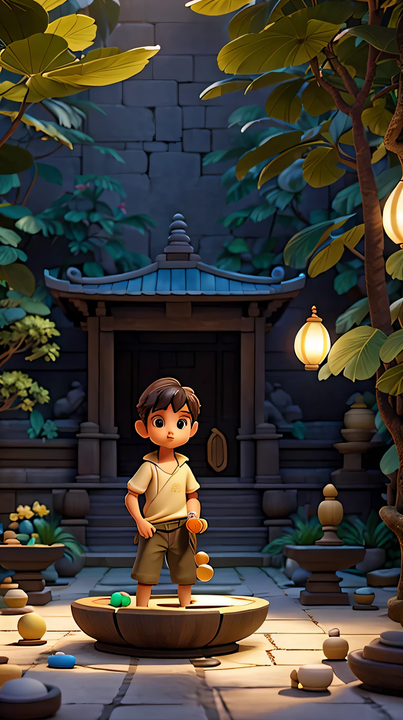 A quiet temple courtyard, bathed in the soft glow of the afternoon sun, with the boy playing marbles near a serene lotus pond, perched on a low wooden stool in a sun-dappled courtyard, carefully calculating his next move in a game of marbles., depth of field, reflection light, drop shadow, cinematic lighting